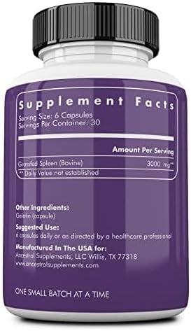 Ancestral Supplements Grass Fed Beef Spleen Supplement, 3000mg Beef Organ Spleen Support Formula Promotes Digestive, Immune, Iron, Energy and Allergy Health, Non GMO, 180 Capsules