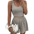 thumbnail image 3 of Womens Summer 2 Piece Outfits Knitted Sets Sleeveless Square Neck Crop Top Tank High Waisted Shorts Waffle 2 Piece Lounge Set, 3 of 6