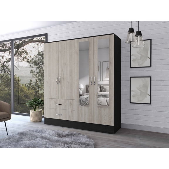 Newboti Furniture Florencia L Mirrored Armoire, Two Cabinets With Divisions,Black and Light Grey BN.0934