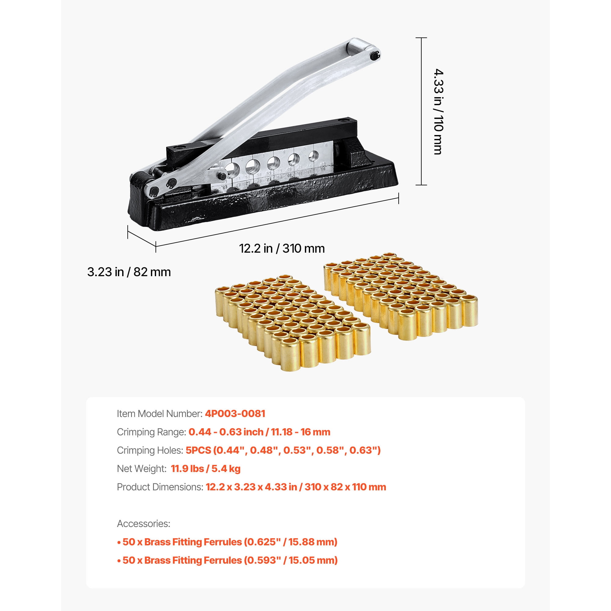 KFFKFF Heavy Duty Hose Ferrule Crimper, Air Hose Crimping Tool with 100pcs Brass Ferrules (0.593" & 0.625" ID), 0.44"-0.63" Crimping Range for PVC and Rubber Hoses, Torch Hose Repair Kit