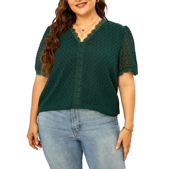 HOTAPEI Womens Plus Size Tops Lace Swiss Dot Blouse Summer Sexy V Neck T Shirts Short Sleeve Tops Green Blouses for Women Plus Size