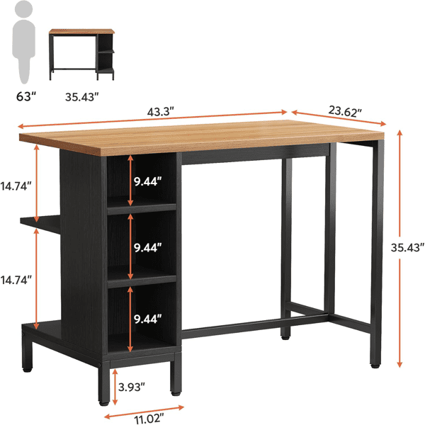 Kitchen Island with 5 Open Shelves - Rustic Walnut Grain Top, Matte Black Steel Frame, Versatile Storage for Small Spaces
