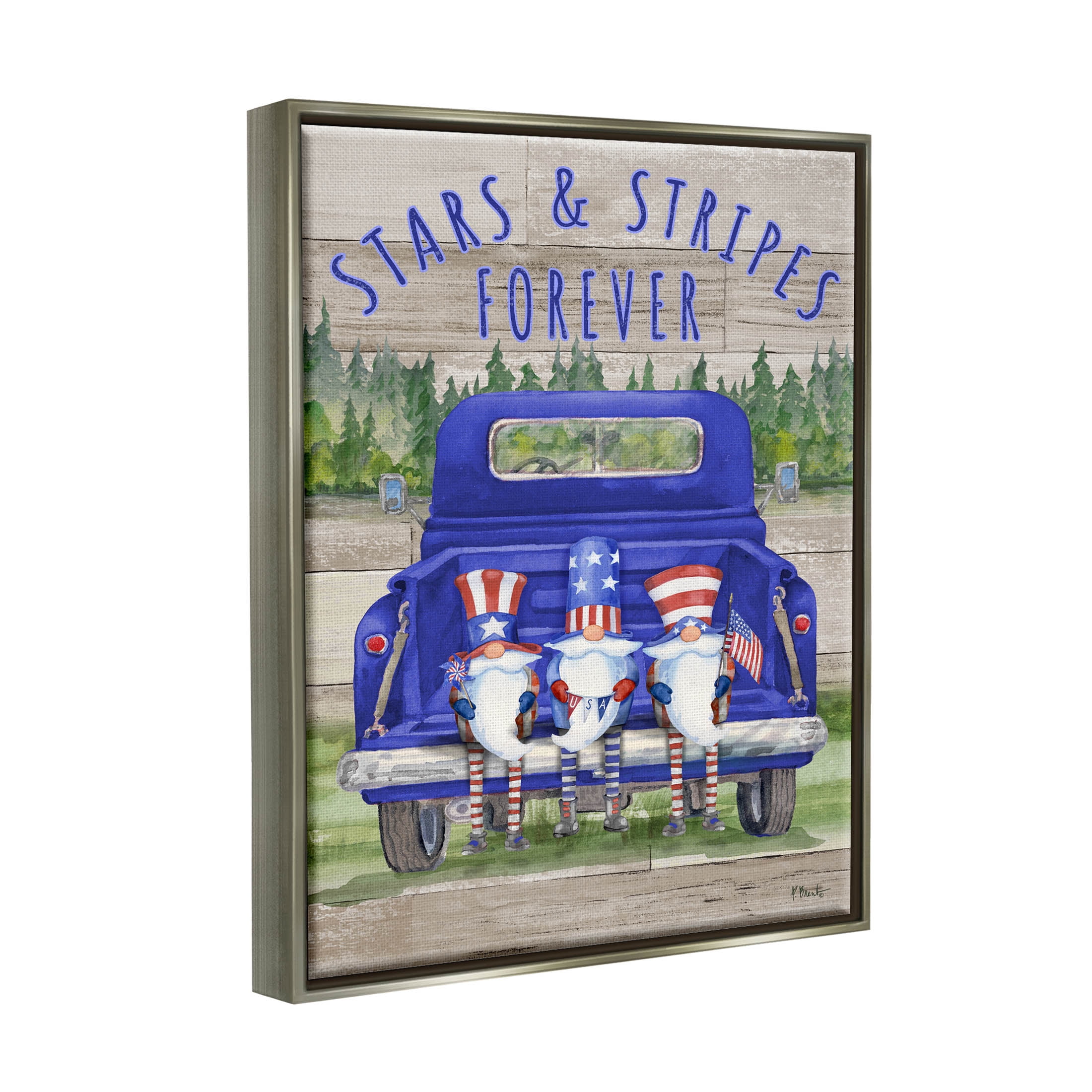 Stars & Stripes Forever Americana Gnomes Holiday Graphic Art Luster Gray Framed Art Print Wall Art
