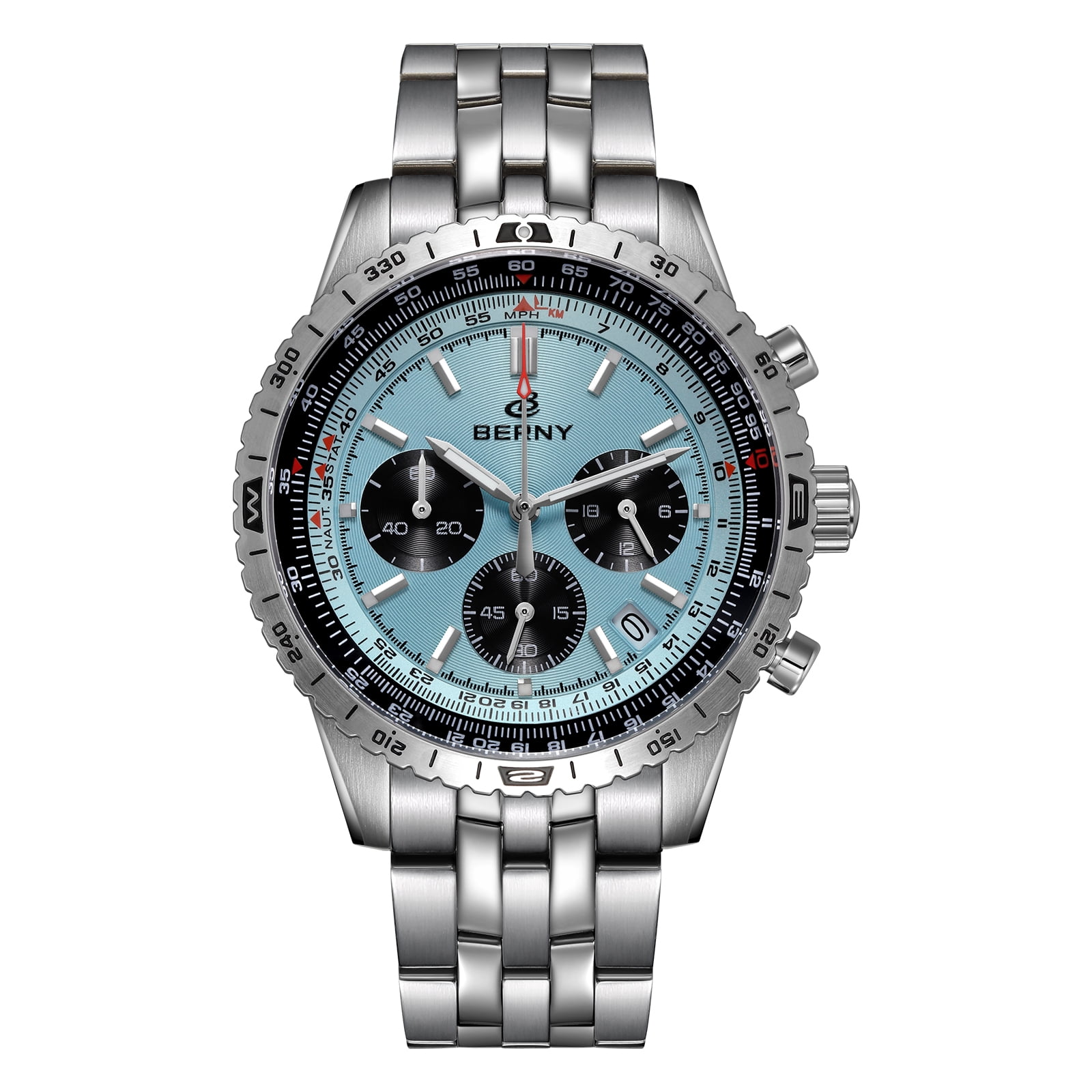 BERNY Silver Chronograph Watches for Men, Sport Luxury Analog Quartz Watch with Tachymeter, Stainless Steel, Waterproof, Luminous, Sapphire Crystal, Date Calender, Men's Wristwatch (Light Blue)