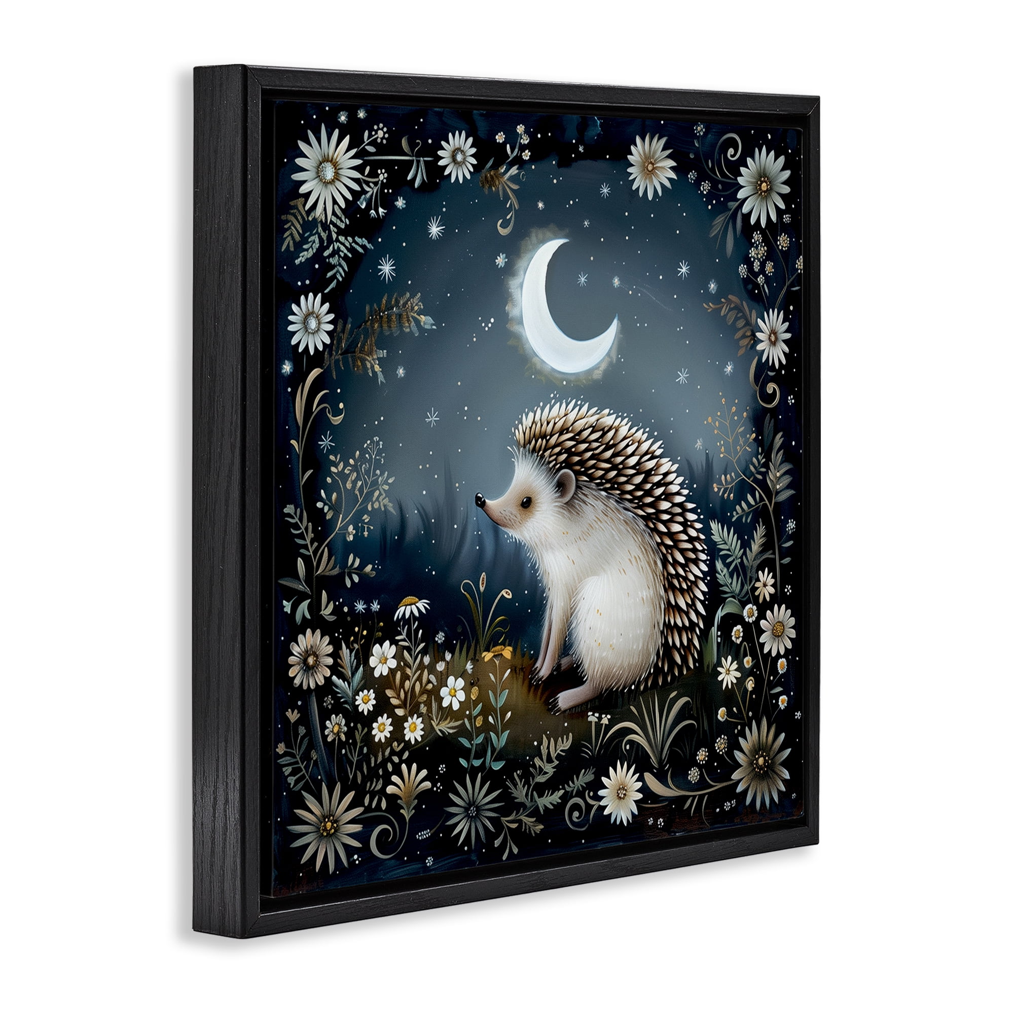 Stupell Industries Hedgehog Under Forest Moon Animals Painting Black Floater Framed Canvas Art Print Wall Art, 18 x 18