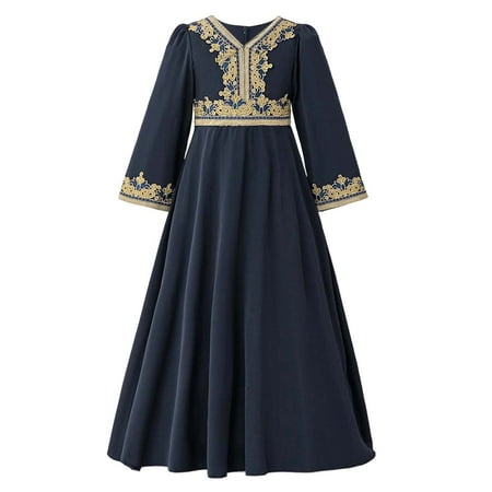 Quotay Teen Dresses Elegant Formal Party Abaya Gown For Baptism Celebration Evening Attire Long Sleeve For Middle Ages 7-14 Years Long Dress Navy 170