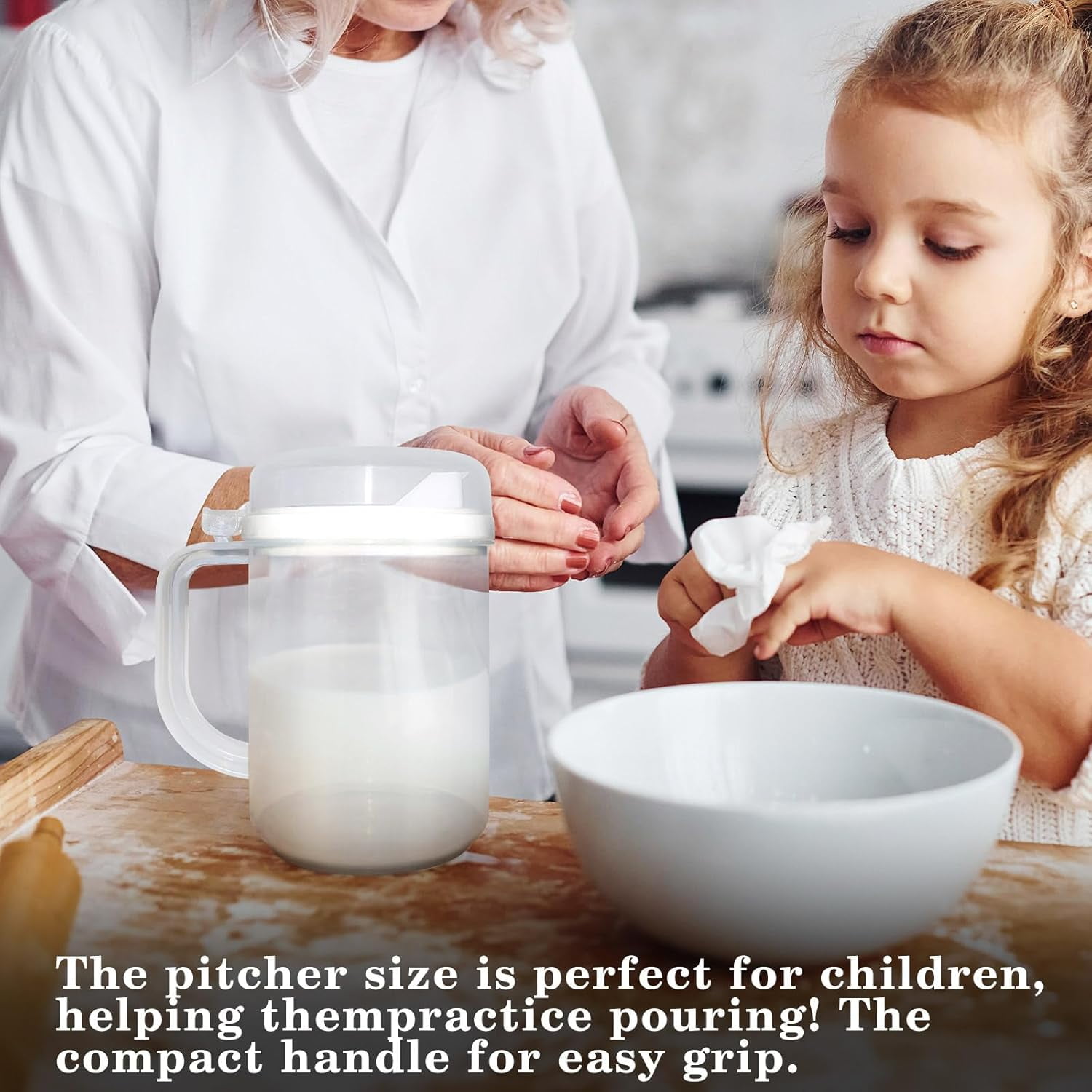3Pcs Child-Safe Easy Pour Mini Pitchers - 22 Oz Clear Plastic with Lid & Handle for Early Learning, Water, Milk, Juice - Classroom, Nursery, Home