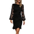 thumbnail image 3 of ClodeEU Women's Elegant Lace Long Sleeve Bodycon Midi Dress, Ruched Wrap Ruffle Hem Cocktail Party Pencil Dress Black,Women's Plus L, 3 of 6