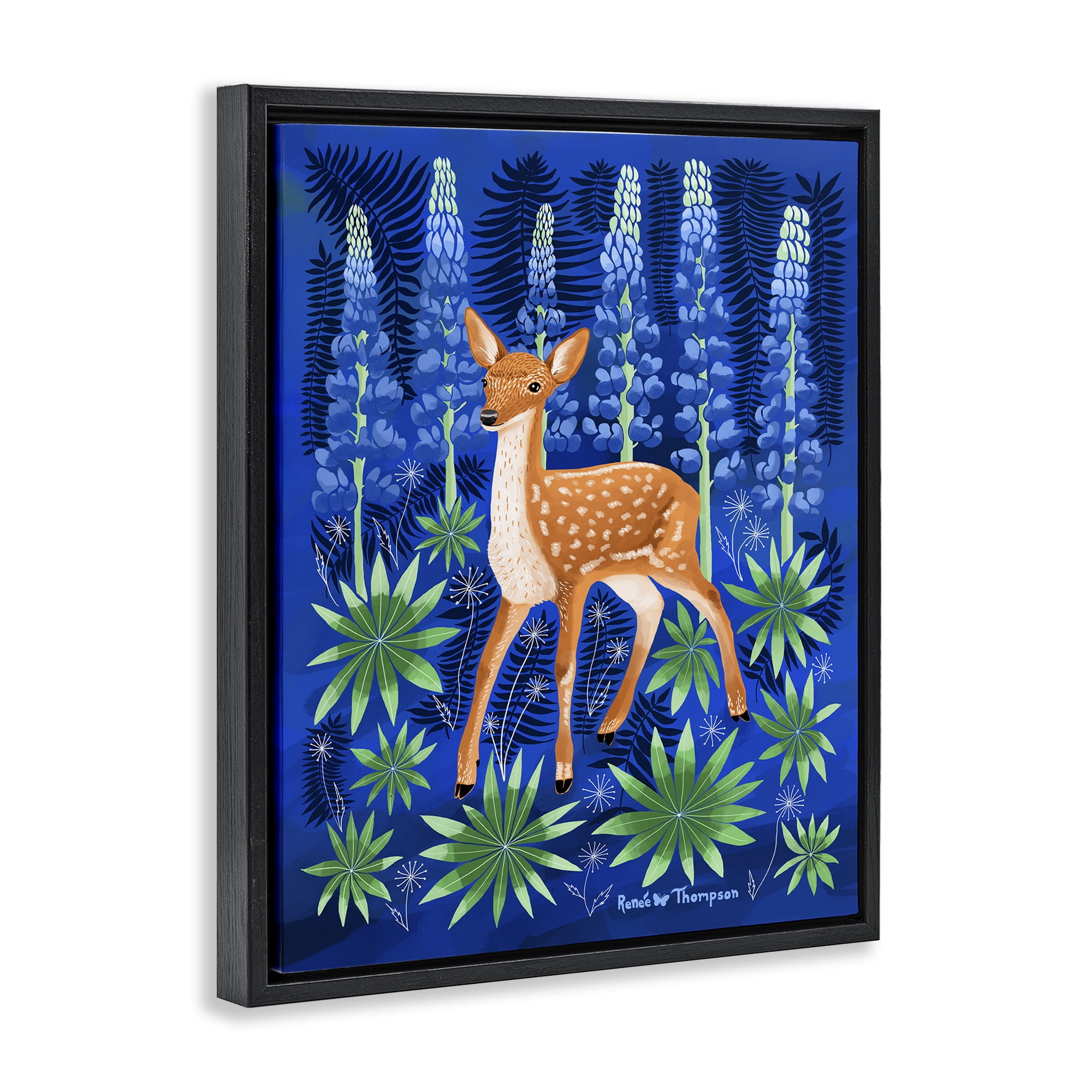 Stupell Industries Fawn & Lupine Flowers Animals Painting Black Floater Framed Canvas Art Print Wall Art, 17 x 21