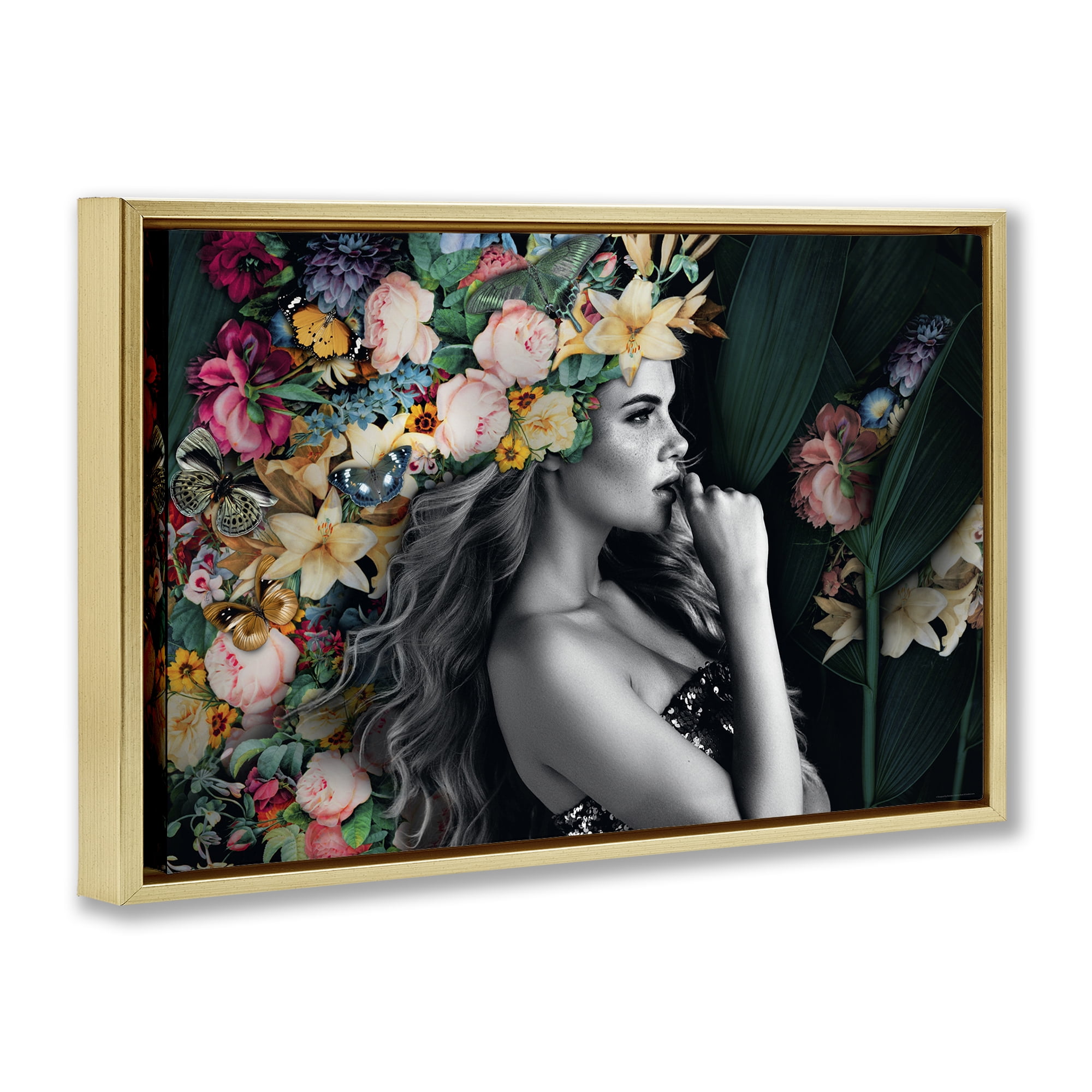 Stupell Industries Woman with Tropical Flowers Plants & Flowers Painting Gold Floater Framed Canvas Art Print Wall Art, 25 x 17