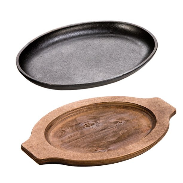Lodge Cast Iron 10 x 7.5 Inch Oval 2 Piece Serving Griddle with Walnut