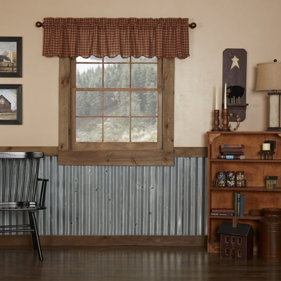 VHC Brands Burgundy Check Primitive 16"x72" Valance Red Rod Pocket Cotton Kitchen Window Curtains