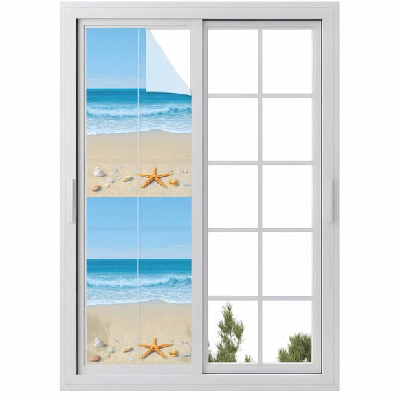 No Glue Heat Blocking Window Flims, Summer Beach Window Privacy Film Frosted, Coastal Ocean Waves Starfish Shell Peep-proof Door Windows Tint for Bathroom, Dormitory, 17.7 x 78.7 Inches