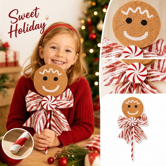 Giant Gingerbread Man Lollipop Decoration with Felt Face and Striped Fabric Bow, 1 Piece, Red and White Striped, for Christmas Tree and Holiday Party, Ornament