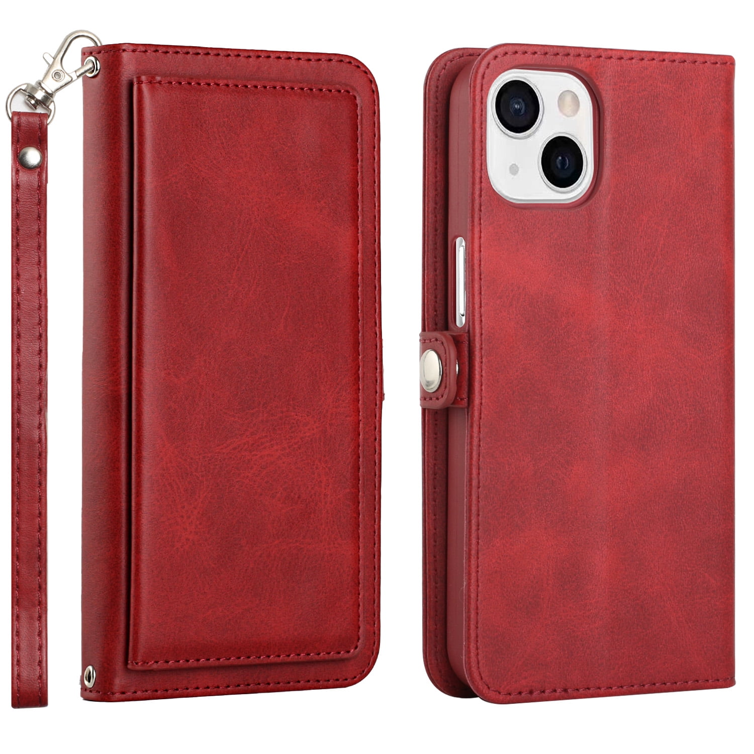 iPhone 13 Phone Case, Strong Protective Kickstand Wallet Compartments