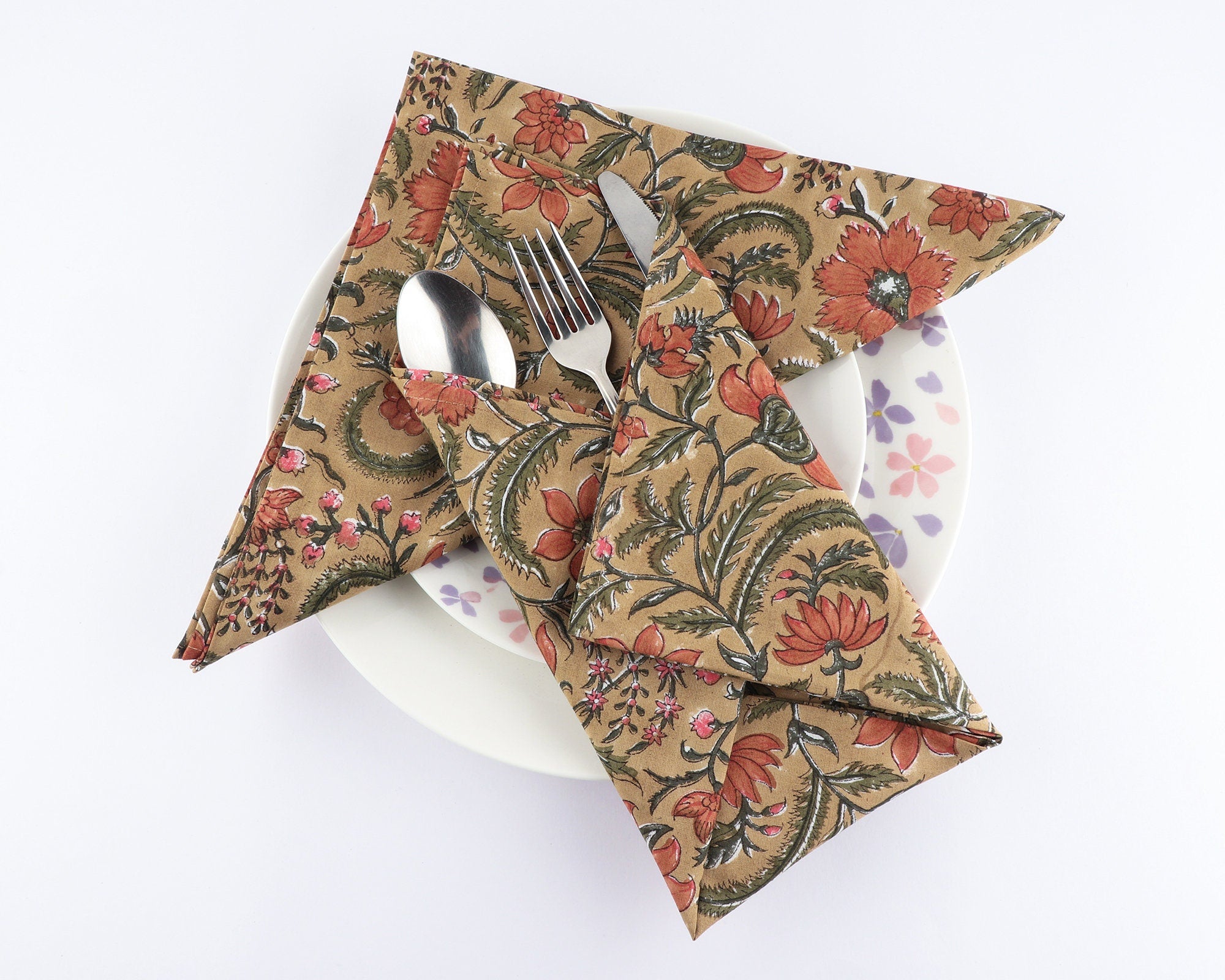 Beige and Moss Green, Brown Indian Floral Hand Block Printed 100 Pure