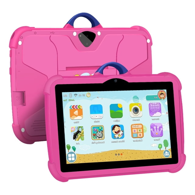 tableta bdf 7 kids 13 wifi android 4gb+64gb bluetooth Rosa 7" tablet infantil con funda de silicona y asa, vista frontal 3/4 mostrando pantalla táctil TFT 1024x600 con apps infantiles; cámara frontal 2MP y trasera 5MP, puertos para auriculares y tarjeta TF, Bluetooth y Wi‑Fi, Android 13, 4GB RAM y 64GB almacenamiento, peso 325 g; adecuada para juegos y aprendizaje en viajes.