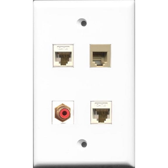 RiteAV 1 Port RCA Red and 1 Port Phone RJ11 RJ12 Beige 2 Port Cat6 Ethernet White Wall Plate