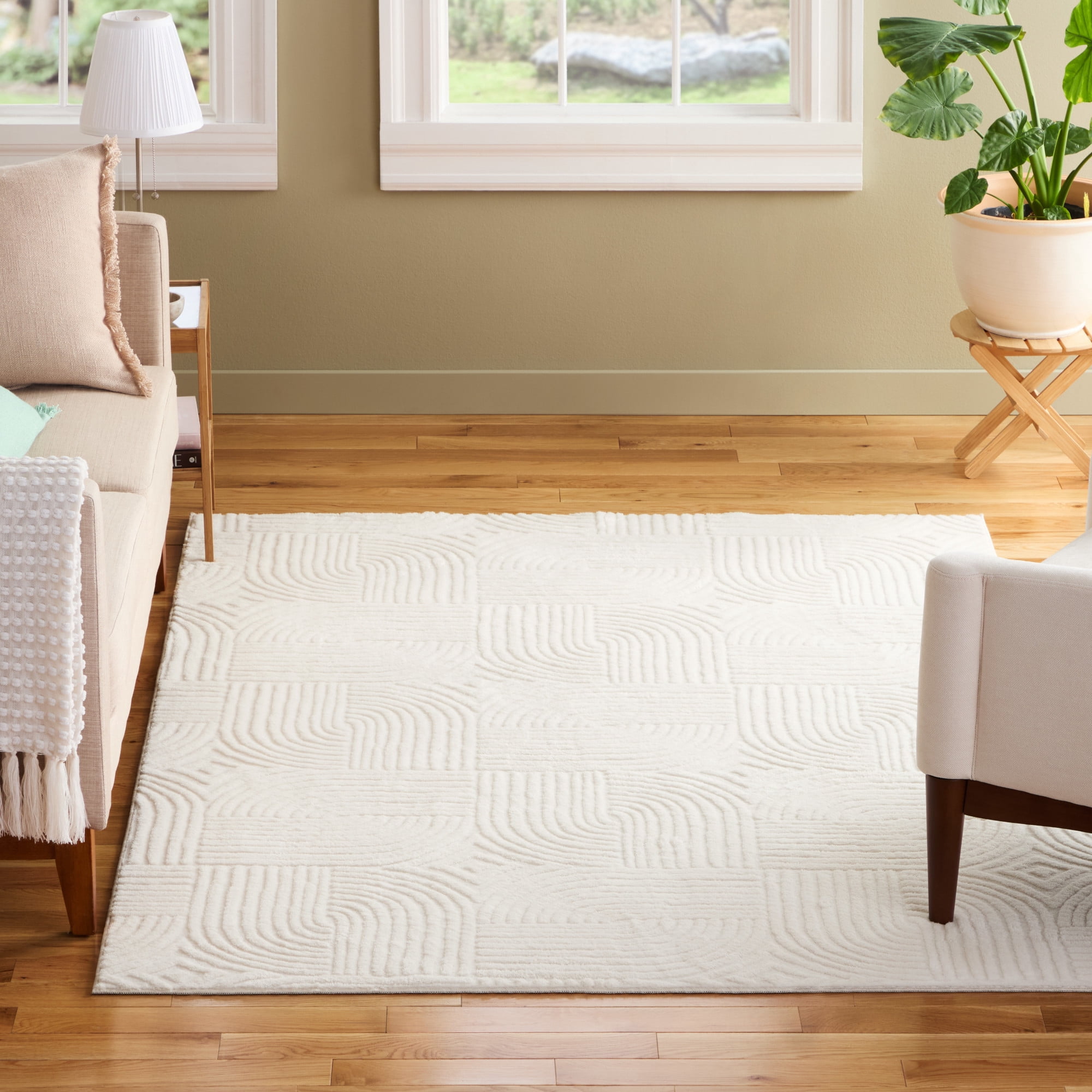 TOWN & COUNTRY EVERYDAY Stone Geo Curve Soft Felt Everwash®, Machine Washable Area Rug with Non-Slip Backing, Geometric Rug, Ivory, 6'6"x9'2"