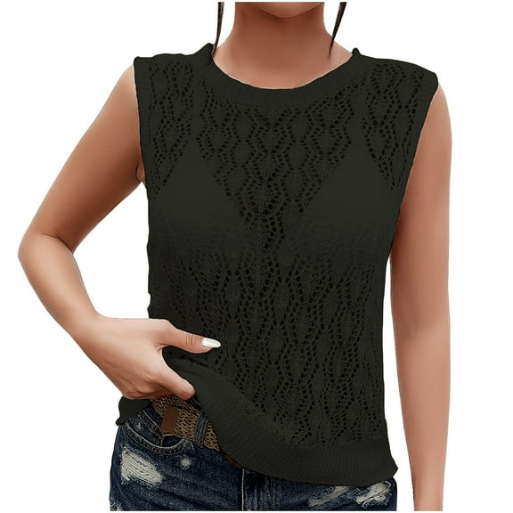 JIUKE Sweater Vests for Women Crochet Sleeveless Knit Top Hollow out Crewneck Loose Pullover Top