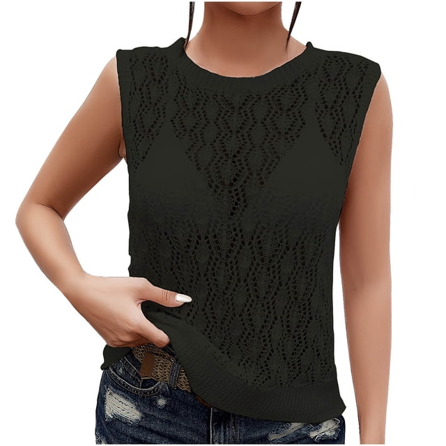 Knitted Tank Top for Women, Sleeveless Crew Neck Solid Color Lightweight Polyester Casual Blouse for Spring Summer