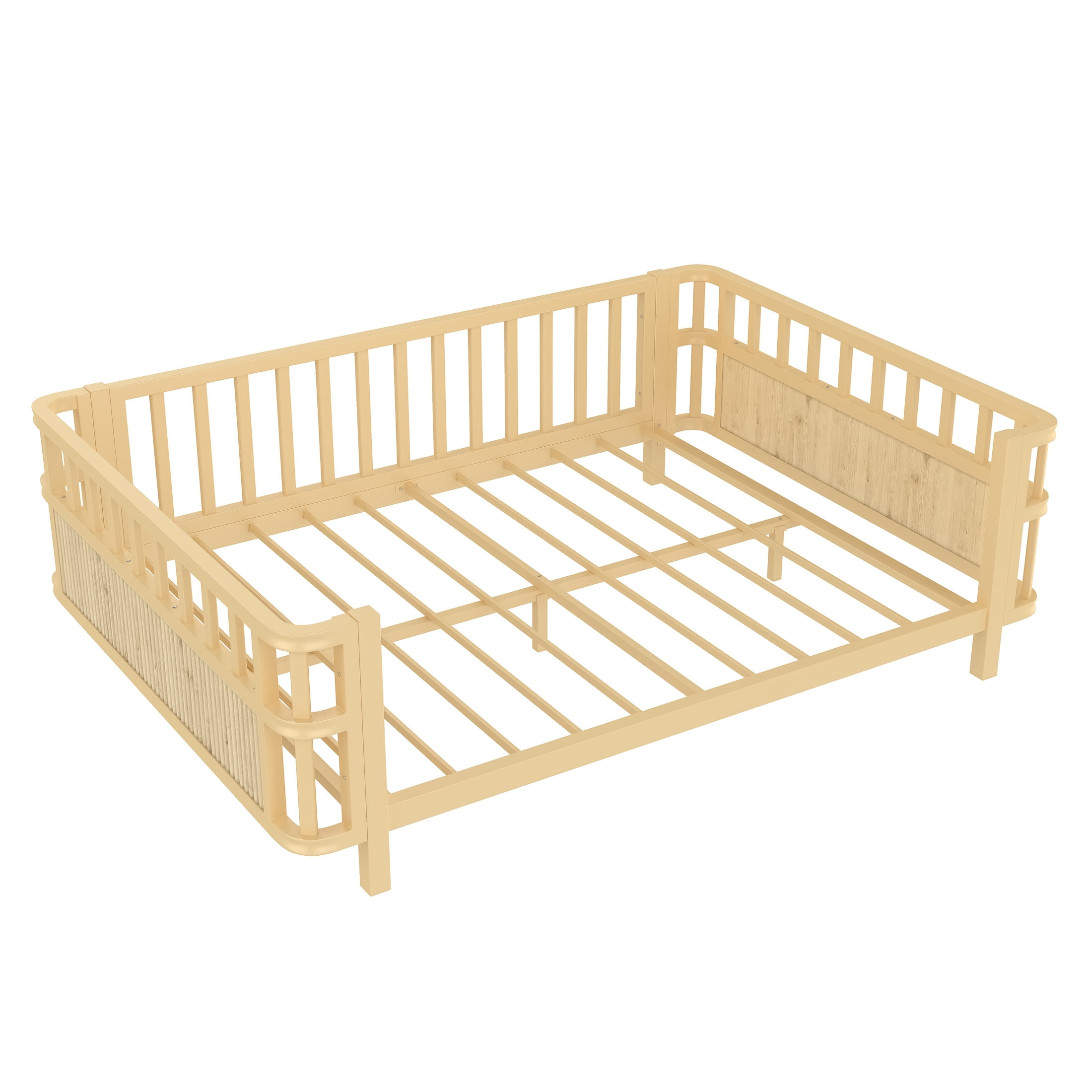 Noble House Full Size Kids Platform Bed Frame with Three-Sided Safety Guardrails, Removable Rail, Natural