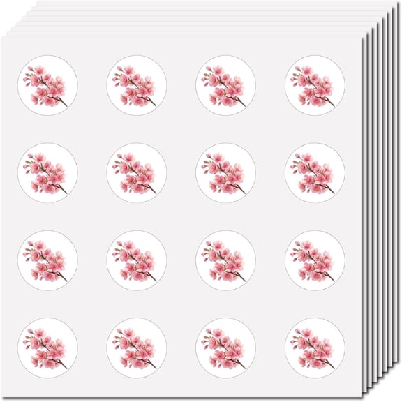 128Pcs Cherry Blossom Sticker Mini Pink Flower Stickers 1 Inch Round Small Plastic Self-Adhesive Waterproof Floral Bouquet Scrapbook Decals