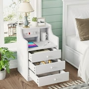 Afuhokles Nightstand with Charging Station, Night Stand End Table with Hutch and Storage Drawers, White