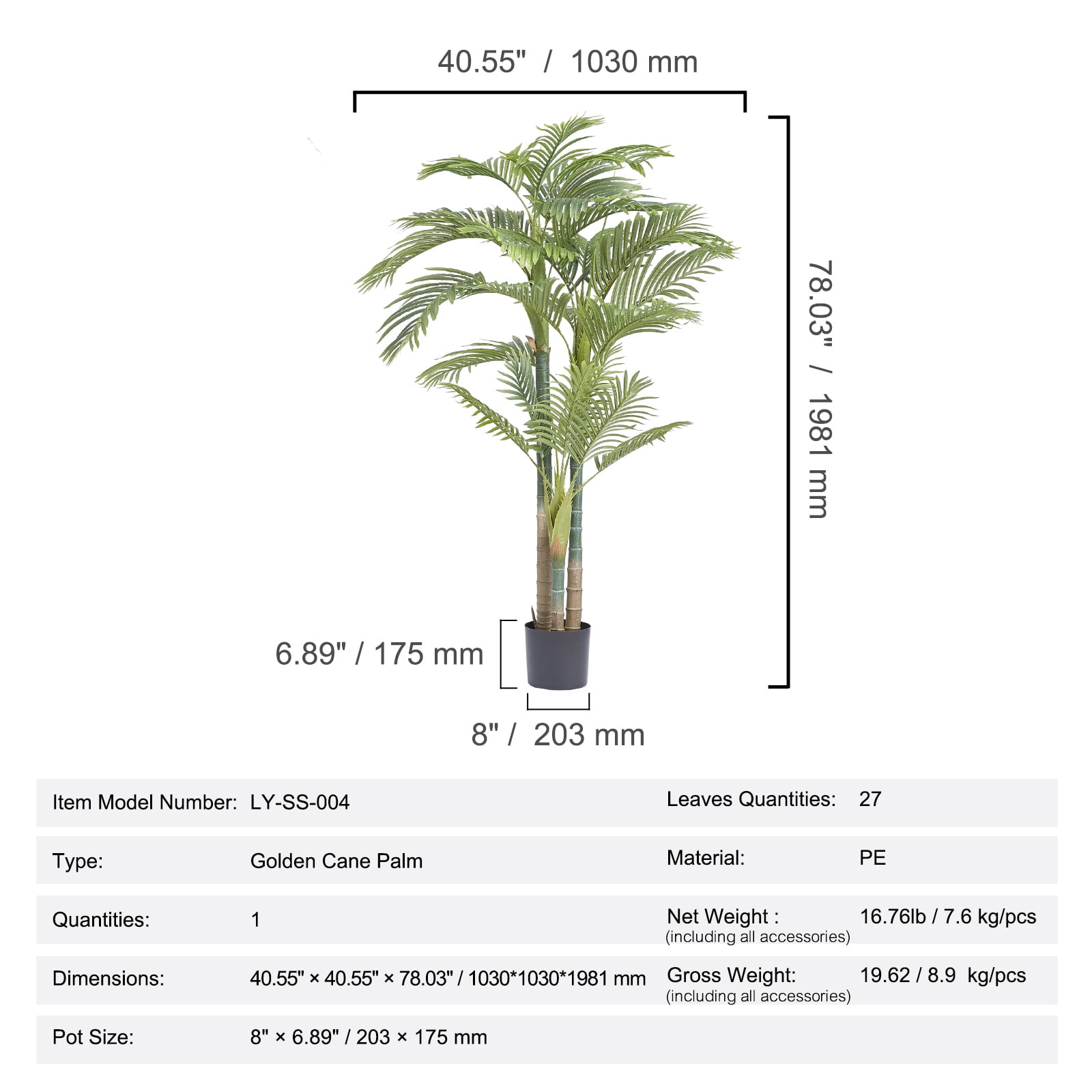 VEVOR 6.5 ft Artificial Gold Cane Palm Tree Green Faux Lifelike Fake Plant Decor