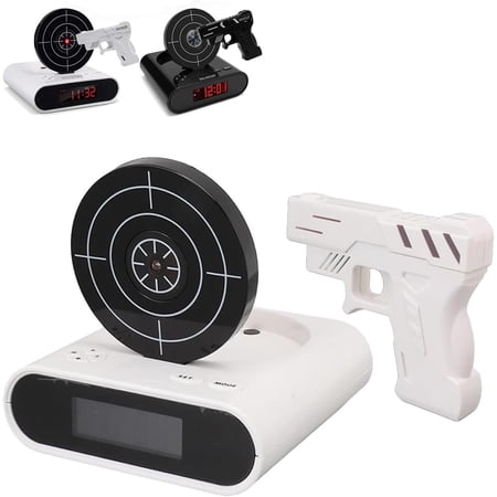 Gun and Target Alarm Clock, Interactive Shooting Game Wake-Up Clock, Digital Shot Timer with 2 Alarm Modes & LED Display, Personalized Runaway Clock for Heavy Sleepers Bedroom Home (White)