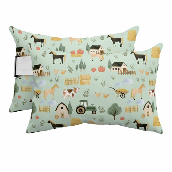 Farmhouse Barn Cartoon Animal Outdoor Pillow for Chaise Lounge Chair,Head RestingPillow with Insert, Spring Leaves Green Waterproof Lumbar Pillows for Patio Chaise Beach Chair,11"x16" 2 Pack