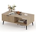 thumbnail image 1 of 41.34-pulgada de madera coffee mesa: two-tier design con almacenamiento gabinete, wave-style sliding doors - moderno y functional para estilo rural sala de estar, oficina, o lounge (natural), 1 of 7