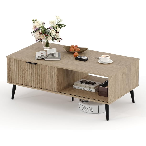 41.34-pulgada de madera coffee mesa: two-tier design con almacenamiento gabinete, wave-style sliding doors - moderno y functional para estilo rural sala de estar, oficina, o lounge (natural)