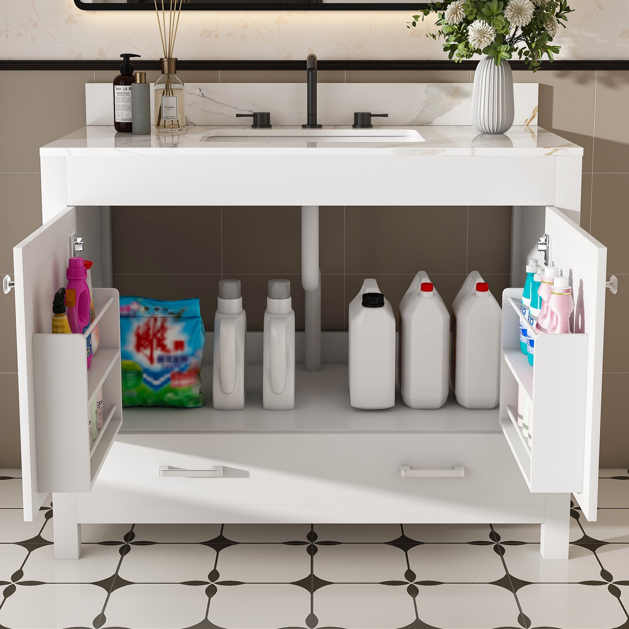 Mintazer 43 Inch Bathroom Vanity Cabinet with Sink, Bathroom Storage Vanity with Drawer & 3‑Hole Ceramic Sink Sintered Stone Countertop, Backsplash for Bathroom, White