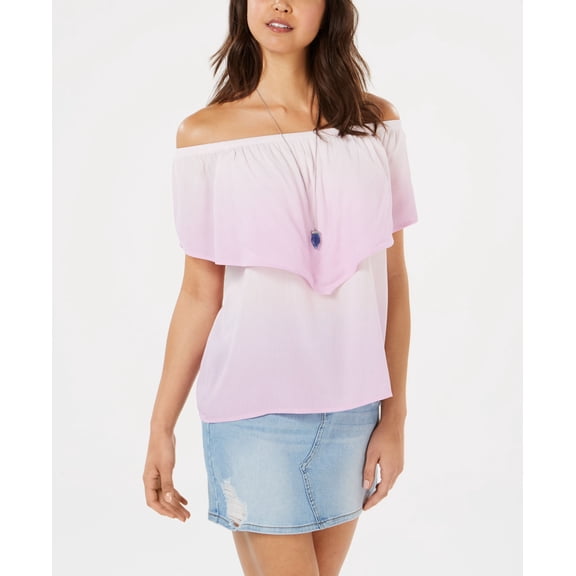 Ultra Flirt Juniors' Off-The-Shoulder Flounce Top (Orchid Ombre, XL)