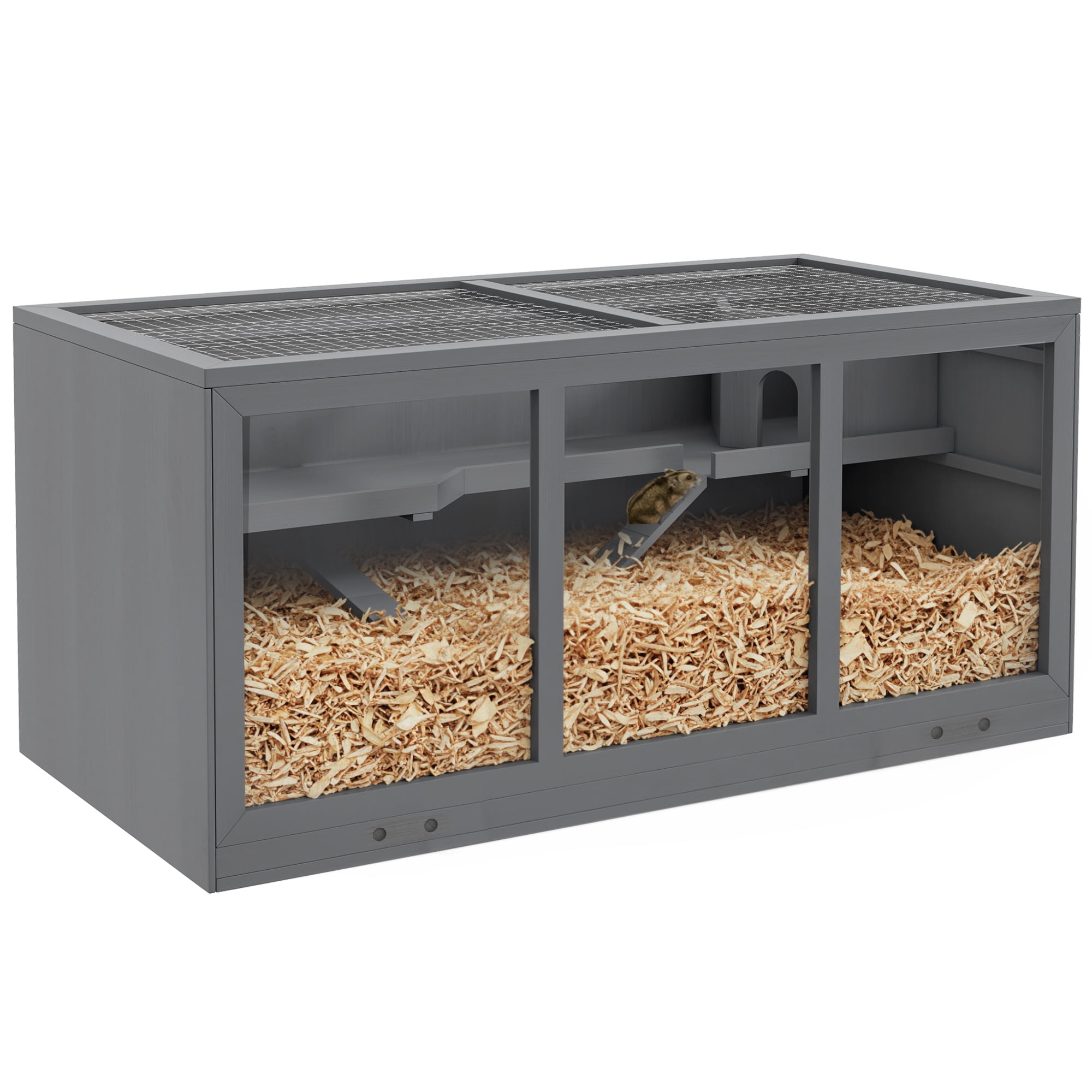PawHut Large Wooden Hamster Cage W/ Hut, Small Animal Habitat, Gray