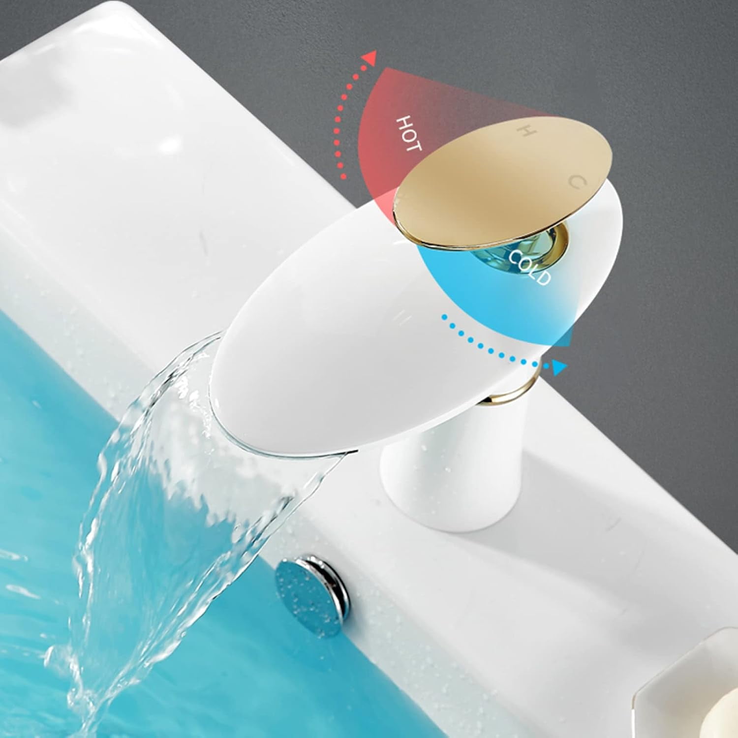 Basin Faucet Waterfall, Sink Faucet Hot and Cold Mix Tap, Brass Faucet Bathroom, Waterfall Single Handle Bathroom Sink Faucet, White Gold B, Short