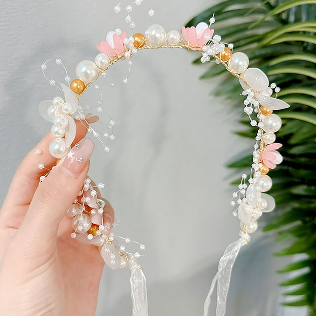 Diadema de flores blanca para niña, accesorio para el cabello de princesa, ideal para bodas. Diadema de flores con perlas para niñas y damitas de honor.