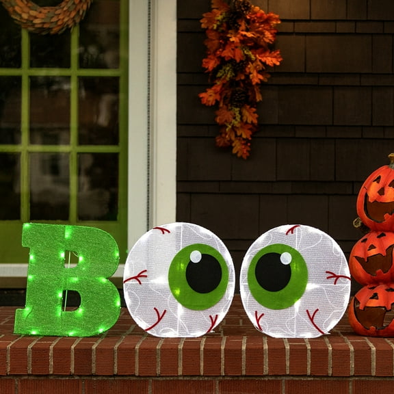 National Tree Company Pre-Lit  Halloween BOO Sign, Green, White, with Green, Cool White LED Lights, Plug in,  14 Inch