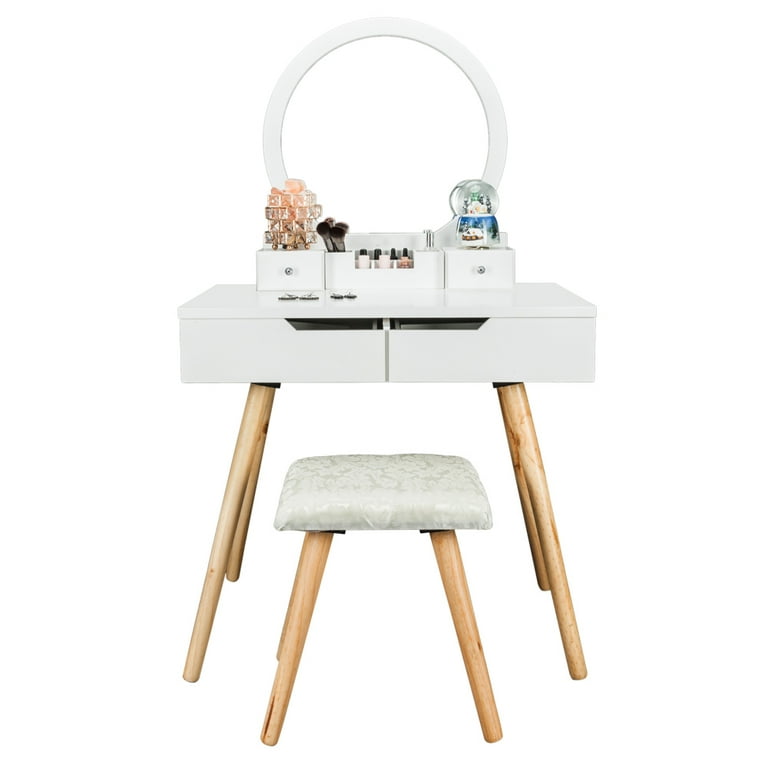 Hassch Bonnlo Dressing Table With Single Round Mirror 4 Drawers