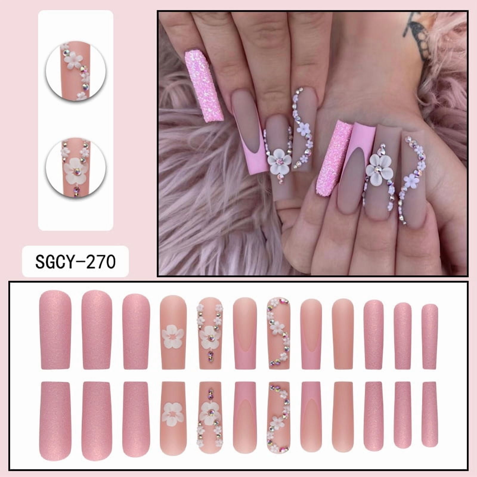 24 Long Coffins with Purple Flower Patterns ABS Full Gloss Fake Nails&1 Nail File and 1 Piece of Jelly Glue press on nails