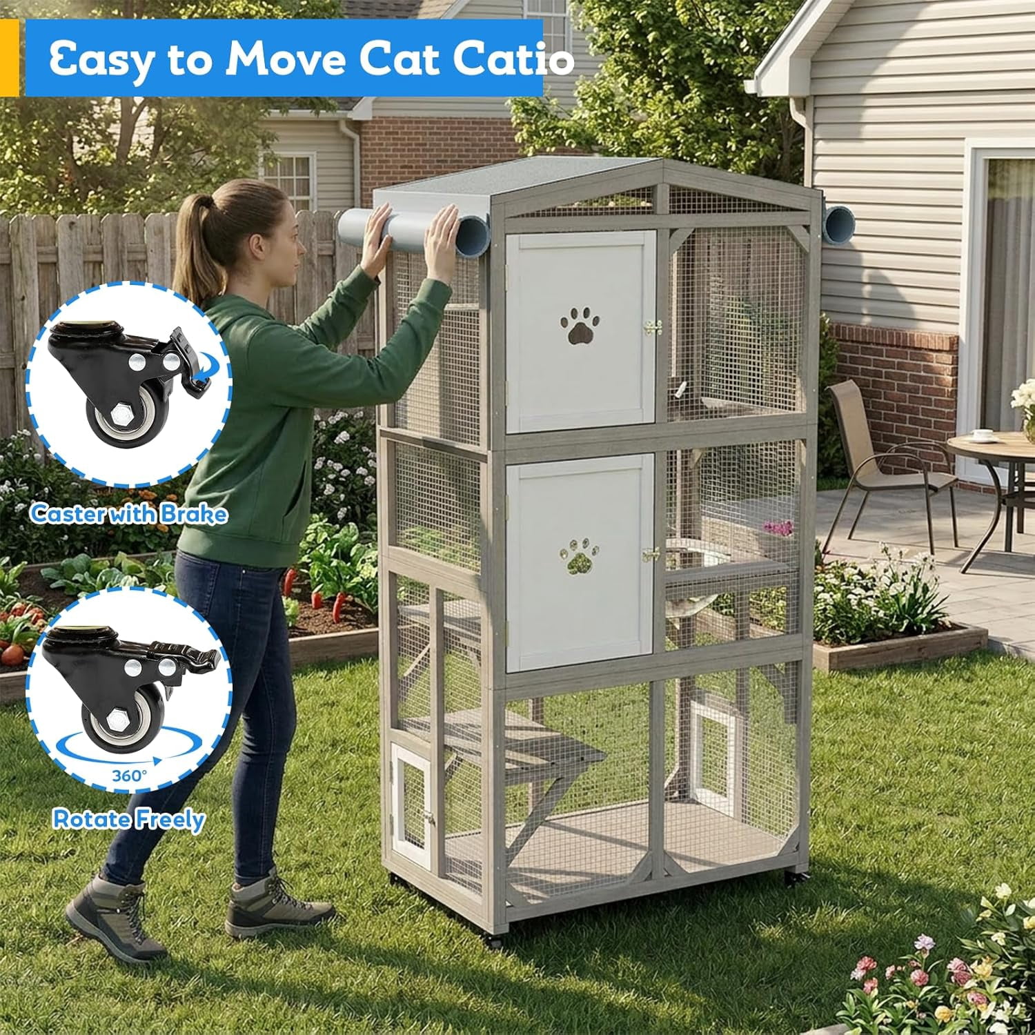 66" Tall Portable Catio Outdoor Cat Enclosure with Wheels, Window Connection Cat House, 4-Tier Activity Center with Acrylic Pod