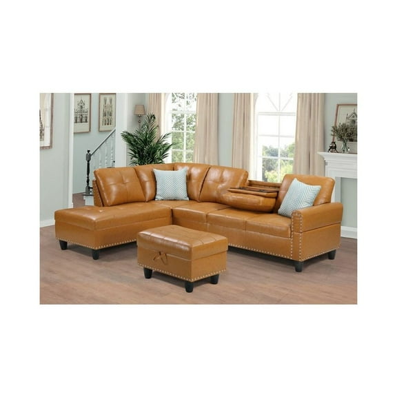 Devion Furniture Polyester Fabric Sectional Sofa with Ottoman-Light Gray