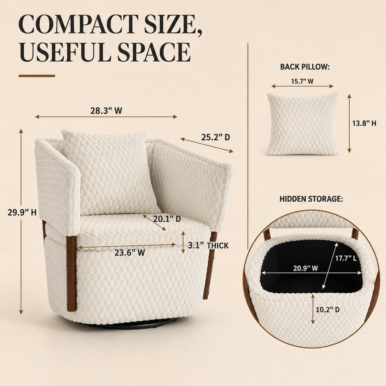 MOONIMSS 360°Swivel Accent Chair, Corduroy Vanity Chair with Storage,Beige