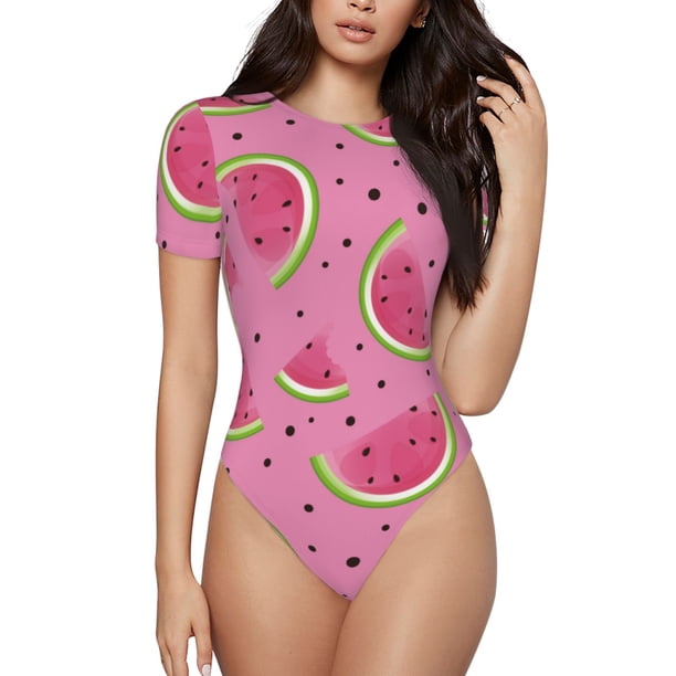 Balery Watermelon Body de cuello redondo de manga corta para mujer Tops de manga corta Tops básicos-Small