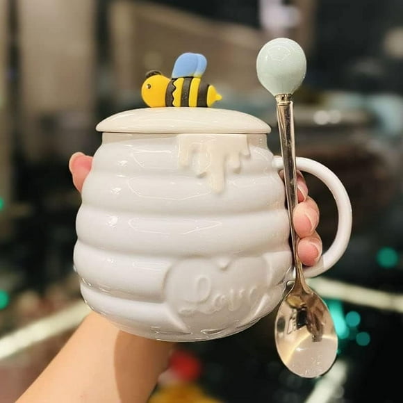 400ml Bee Mug Cute 3D Relief Ceramic Cup Creative Kitchen Office Coffee Milk Tea Cup with Cover and Spoon (Light Blue)