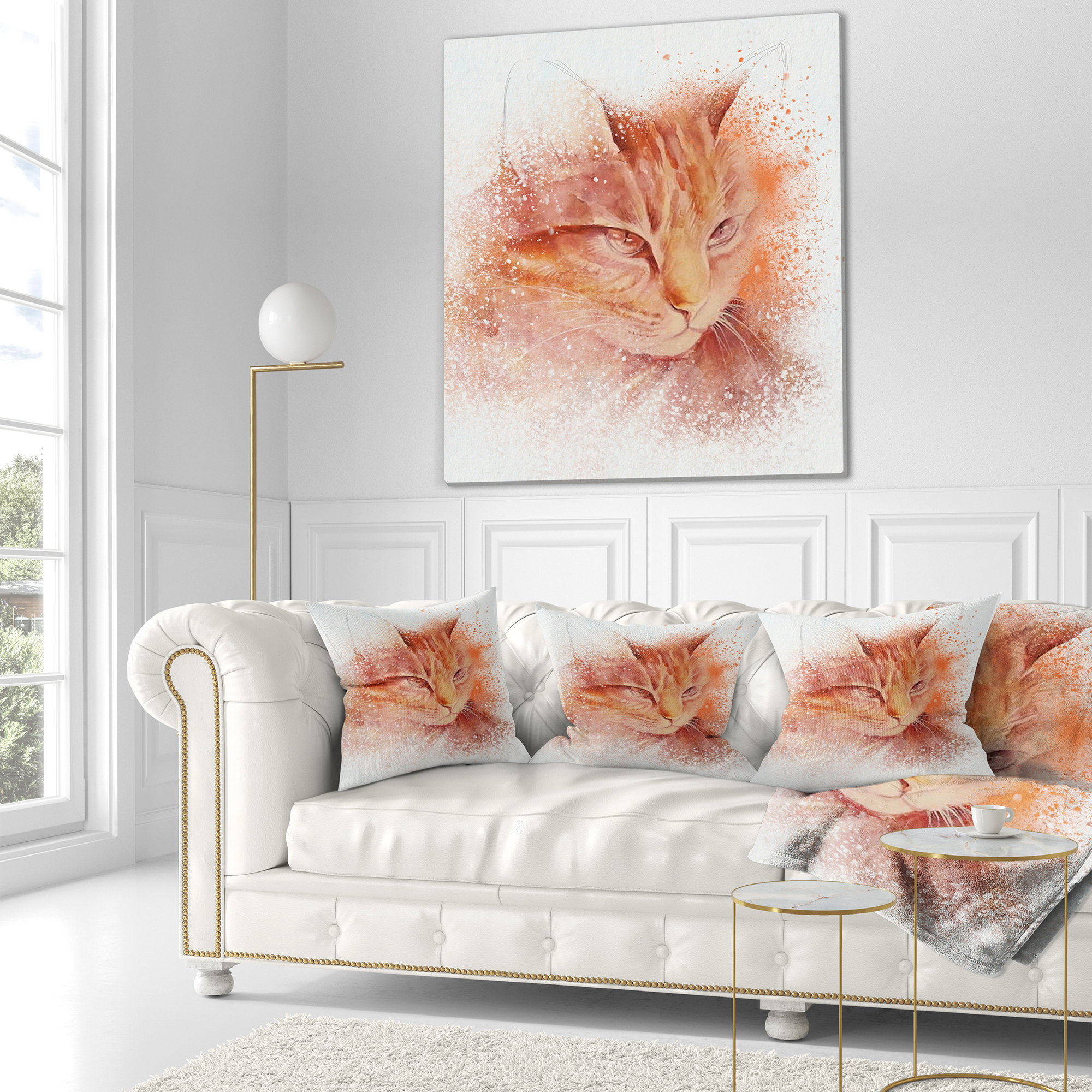 Designart Brown Cat Face Sketch on White - Animal Throw Pillow - 16x16