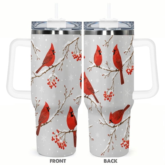40oz Winter Cardinal Bird Insulated Tumbler with Handle and Straw Stainless Steel Vacuum Travel Cup Snow Berry Christmas Holiday Coffee Cup Gift