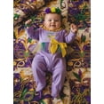 thumbnail image 4 of BemeyourBBs Newborn Baby Girl Mardi Gras Outfit Footed Romper Spring Fall Winter Carnival Clothes They Found Me In A King Cake Long Sleeve Ruffle Collar Letter Footied Embroidery Jumpsuit Headband, 4 of 9