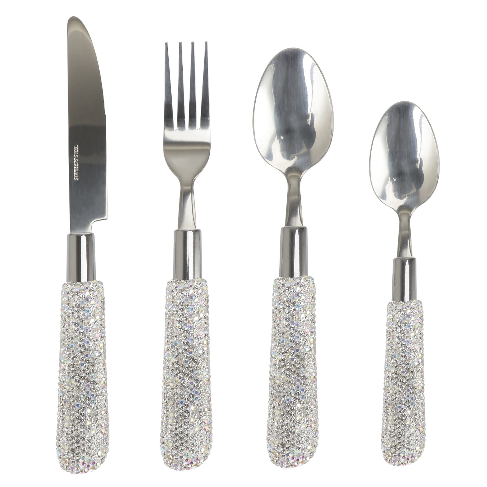 Bling Rhinestones Spoon Big and Small,Fork Set Stainless Steel 4 Pieces